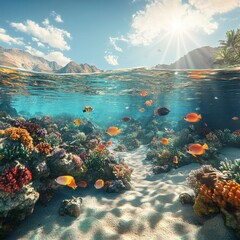 A beach with vibrant coral reefs, clear water filled with colorful fish, the sun filtering through the water, ultra-realistic