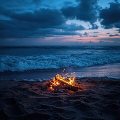 A beachside bonfire at dusk, the flames casting warm light onto the sand while the waves roll gently onto shore, cozy and atmospheric, ultra-detailed