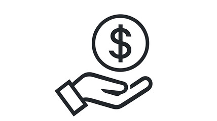 Minimalist Hand Holding Dollar Coin Icon – Financial Support Vector, dollar sign vector, money support,  financial investment, cash assistance, financial help, black and white vector