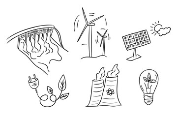Set of hand drawn eco electricity doodles including wind turbines, solar panel, hydro dam and green energy icons. Concept of renewable energy, sustainability in minimalist sketch style