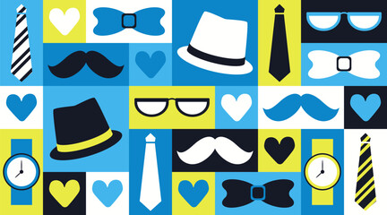 Hand drawn Fathers Day banner with hats, glasses, ties, watches, hearts and mustaches in blue, yellow and black. Concept of love, style and appreciation for dads shown through modern masculine icons