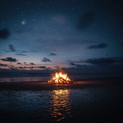 A beachside bonfire under a star-filled sky, friends gathered around, the flames reflecting on the wet sand, cozy and atmospheric, ultra-HD