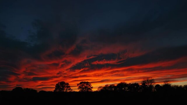 Fiery sunset sky over trees, for design projects