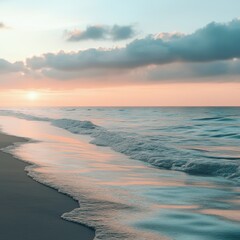 A beach at dusk with the last rays of the sun illuminating the ocean, soft pastel colors blending in the sky, calm waves reflecting the colors, ultra-detailed