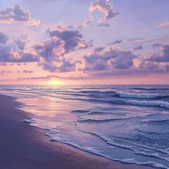 A beach at dusk with the last rays of the sun illuminating the ocean, soft pastel colors blending in the sky, calm waves reflecting the colors, ultra-detailed