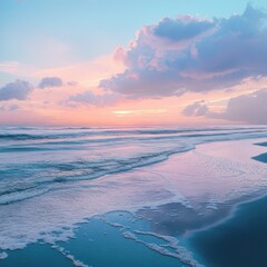 A beach at dusk with the last rays of the sun illuminating the ocean, soft pastel colors blending in the sky, calm waves reflecting the colors, ultra-detailed