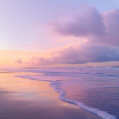 A beach at dusk with the last rays of the sun illuminating the ocean, soft pastel colors blending in the sky, calm waves reflecting the colors, ultra-detailed