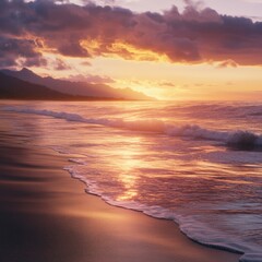 A beach at sunset, the sky glowing with warm orange and purple hues, the water calm with gentle waves, ultra-detailed