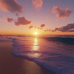 A beach at sunset, the sky glowing with warm orange and purple hues, the water calm with gentle waves, ultra-detailed