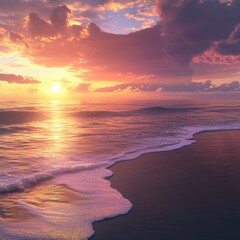 A beach at sunset, the sky glowing with warm orange and purple hues, the water calm with gentle waves, ultra-detailed