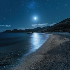 A beach at night under a full moon, the water reflecting the moonlight and creating a magical glow on the shore, ultra-HD