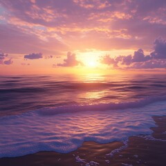 A beach at sunset, the sky glowing with warm orange and purple hues, the water calm with gentle waves, ultra-detailed