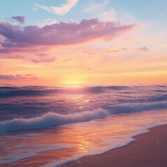 A beach at sunset with gentle waves and a colorful sky, the horizon glowing with warm colors, ultra-realistic