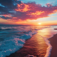 A beach at sunset with gentle waves and a colorful sky, the horizon glowing with warm colors, ultra-realistic