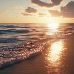 A beach at the golden hour, the ocean reflecting warm sunlight, gentle waves, and serene skies, ultra-realistic
