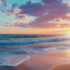 A beach at sunset with gentle waves and a colorful sky, the horizon glowing with warm colors, ultra-realistic