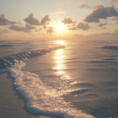 A beach at the golden hour, the ocean reflecting warm sunlight, gentle waves, and serene skies, ultra-realistic