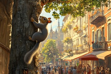 A squirrel climbing a tree in a lively city scene.