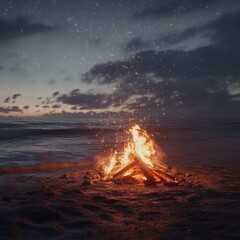 A beach bonfire at twilight, flames flickering as waves gently roll onto shore, starry sky above, cozy and warm atmosphere, ultra-realistic