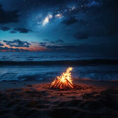 A beach bonfire at twilight, flames flickering as waves gently roll onto shore, starry sky above, cozy and warm atmosphere, ultra-realistic