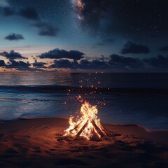 A beach bonfire at twilight, flames flickering as waves gently roll onto shore, starry sky above, cozy and warm atmosphere, ultra-realistic