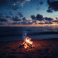 A beach bonfire at twilight, flames flickering as waves gently roll onto shore, starry sky above, cozy and warm atmosphere, ultra-realistic