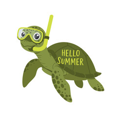 Naklejka premium Green sea turtle wearing snorkeling gear with hello summer text vector illustration 