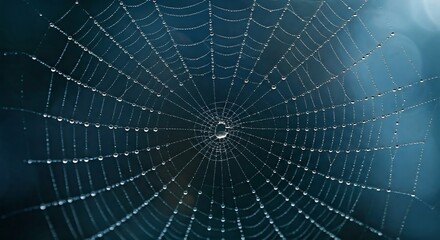 Fototapeta premium Spiderweb covered in water droplets against a blue background