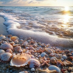 A beach covered in seashells, waves washing over them gently, the sun shining brightly overhead, ultra-realistic