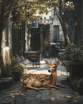 A serene deer rests in a peaceful alleyway.