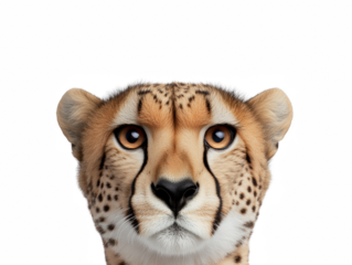 A Cheetah's close-up portrait, showcasing detailed features. The cheetah's face with striking spots and attentive eyes
