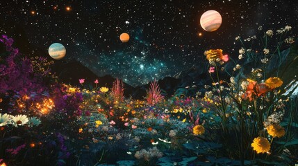 Naklejka premium Dreamy Landscape with Flowers and Planets in the Cosmic Night Sky
