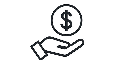 Minimalist Hand Holding Dollar Coin Icon – Financial Support Vector, dollar sign vector, money support,  financial investment, cash assistance, financial help, black and white vector