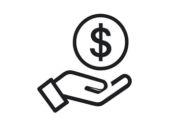 Minimalist Hand Holding Dollar Coin Icon – Financial Support Vector, dollar sign vector, money support,  financial investment, cash assistance, financial help, black and white vector