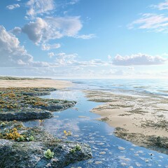 A beach with tide pools filled with sea life, the ocean calm and the sky a brilliant blue, ultra-detailed