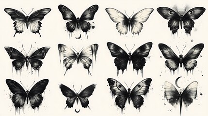 Fototapeta premium Black And White Butterfly Illustrations Set Photo With Crescent Moon And Dripping Ink