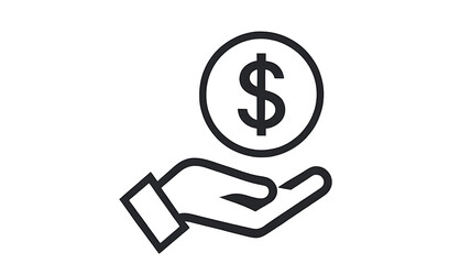 Minimalist Hand Holding Dollar Coin Icon – Financial Support Vector, dollar sign vector, money support,  financial investment, cash assistance, financial help, black and white vector
