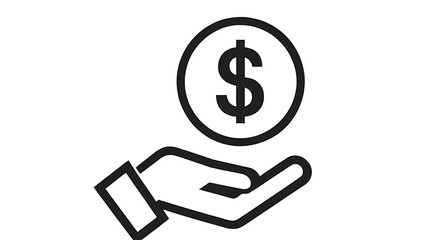 Minimalist Hand Holding Dollar Coin Icon – Financial Support Vector, dollar sign vector, money support,  financial investment, cash assistance, financial help, black and white vector
