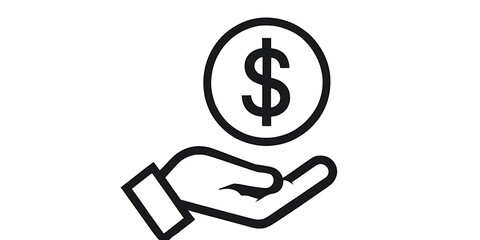 Minimalist Hand Holding Dollar Coin Icon – Financial Support Vector, dollar sign vector, money support,  financial investment, cash assistance, financial help, black and white vector