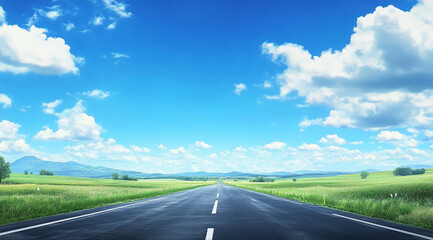 Fototapeta premium Long Asphalt Road Perspective with Blue Sky and White Clouds Leading to Horizon