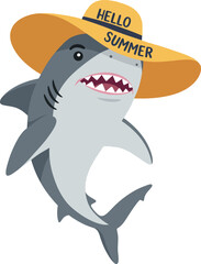 Naklejka premium Shark Wearing Yellow Summer Hat with Hello Summer Text Vector Illustration 
