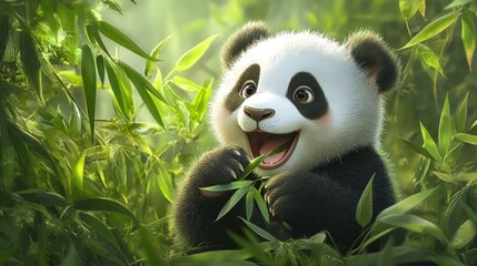Fototapeta premium A realistic illustration of a cute panda cub joyfully eating bamboo in a lush green forest.