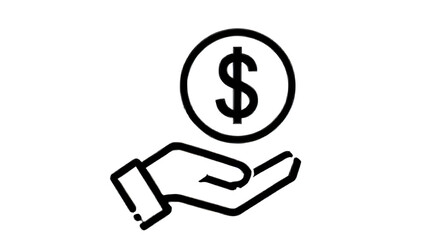 Minimalist Hand Holding Dollar Coin Icon – Financial Support Vector, dollar sign vector, money support,  financial investment, cash assistance, financial help, black and white vector