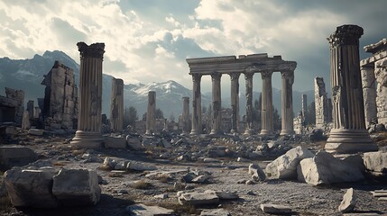 Monumental Greek Columns Among Fallen Debris High Resolution Picture