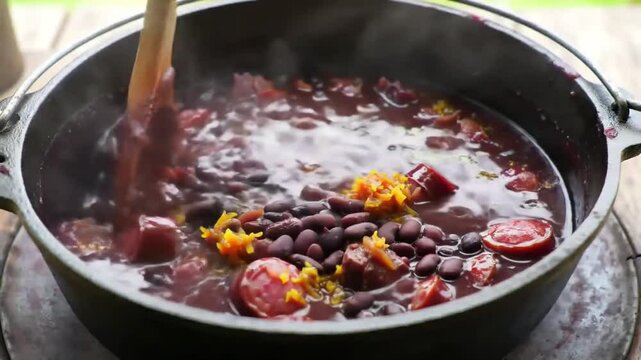 raditional Brazilian feijoada simmering in a large black pot.