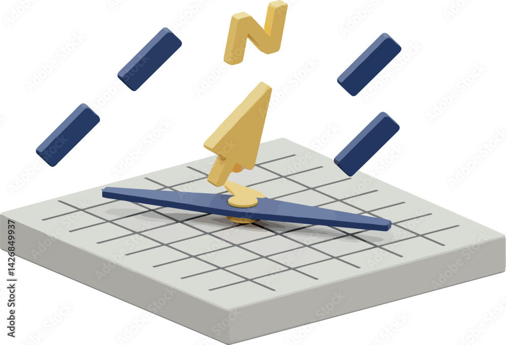 Wall mural isometric compass navigation tool with directional arrow and grid base vector illustration