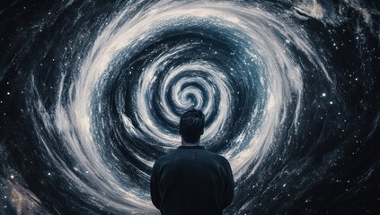 Man stands before swirling vortex of light and dark in abstract space.