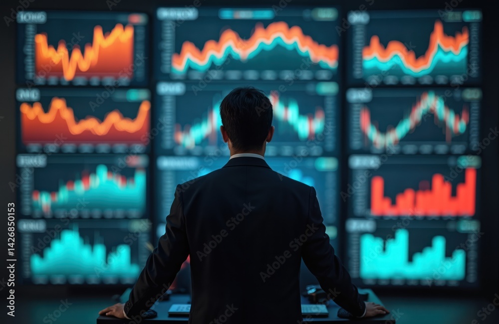 Fototapete pro in suit analyzes multi-layered financial data displayed on screen. graphs charts visualize marke