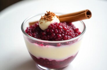 Delicious red wine sago dessert with vanilla cream. Traditional Brazilian gaucho culinary. Healthy vegan sweet food meal in glass. Tasty tapioca pearls with cinnamon stick decoration on white