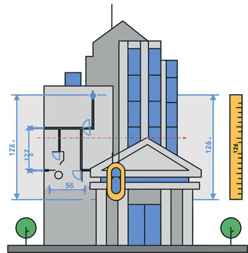 Modern building architectural blueprint with measurement tools and scale vector illustration 